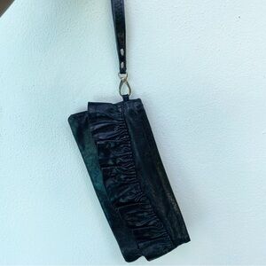 Y2K 100% Genuine Leather Black Ruffle Wristlet